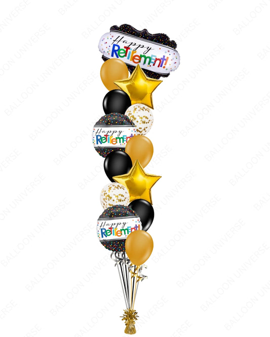 Happy Retirement Balloon Bouquet | Black, Gold & Confetti Balloons