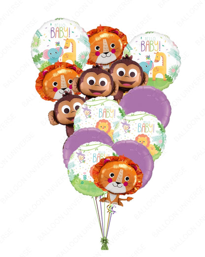 Adorable Hello Baby Jungle Balloon Bouquet with Monkey & Lion