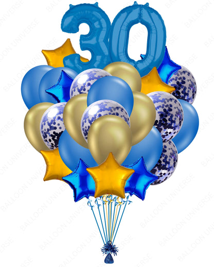 Blue & Gold Balloon Set with Number Mylar & Confetti Latex