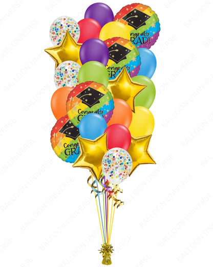 Colorful Graduation Balloon Bouquet  | Rainbow Round Foils & Confetti