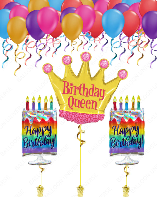 Happy Birthday Queen! -  Crown & Cake Mylar Balloons