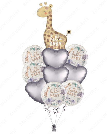 Safari Animal Balloon Set - Large Giraffe with Silver Hearts & Hello Baby Rounds