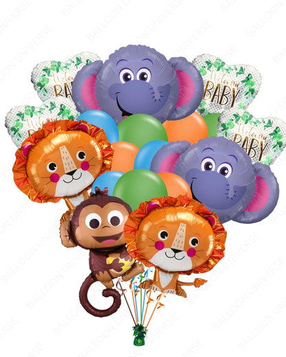 Zoo Animal Welcome Baby Balloon Bouquet - Elephant, Lion, Monkey & Colorful Latex