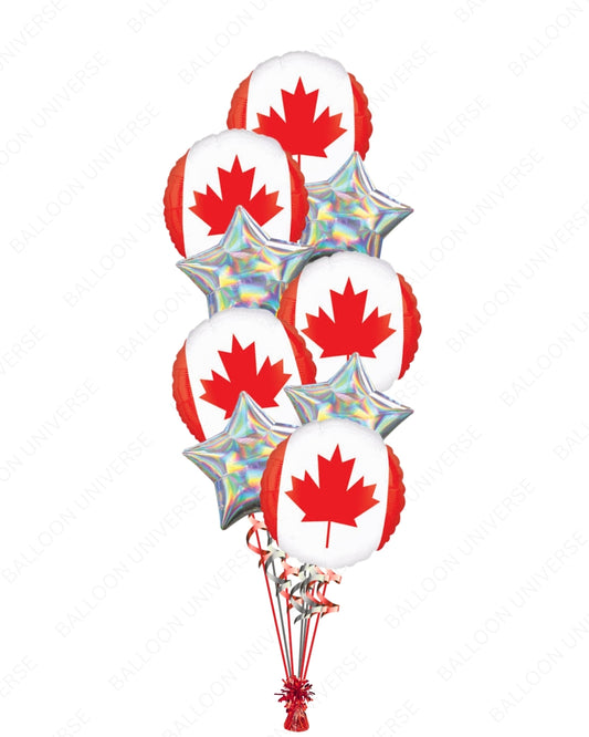 Canada Flag Balloon Bouquet with Round Foil Balloons, Red & White, Stars & Helium Inflation for Canada Day Celebration