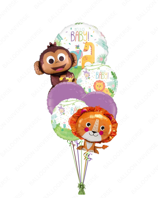 Adorable Hello Baby Jungle Balloon Bouquet with Monkey & Lion