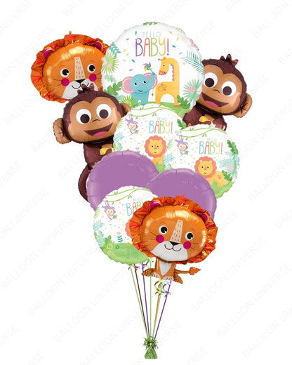 Adorable Hello Baby Jungle Balloon Bouquet with Monkey & Lion