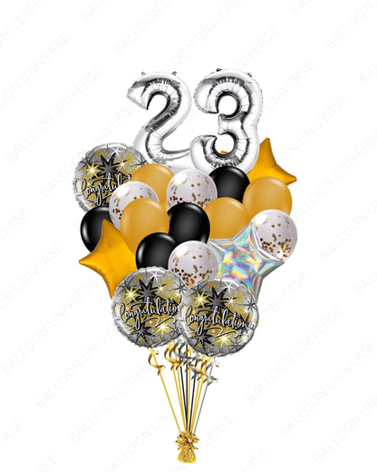 Custom Silver Number/Stars/Confetti & Congratulations Balloon Bouquet
