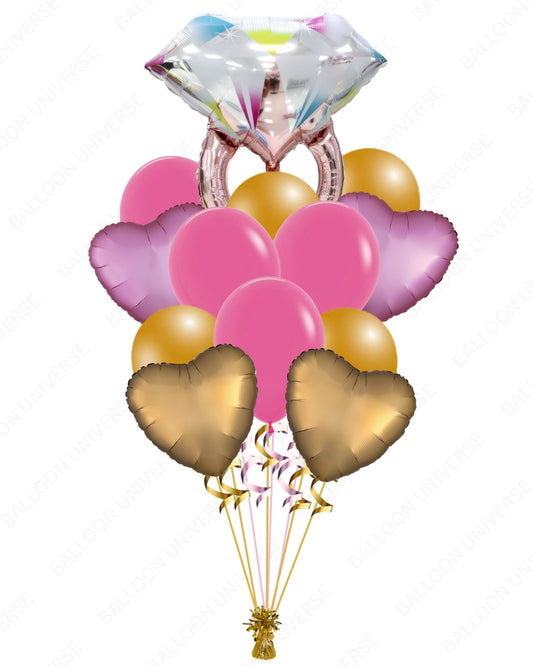 37" Pink Diamond Ring with Heart Mylar & Latex Balloons / Helium Filled
