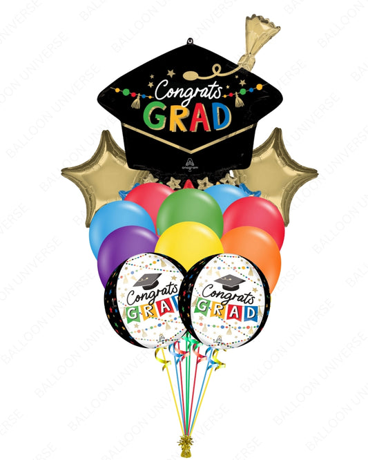 “Congrats Grad” SuperShape Balloon Bouquet with Round & Star Mylar , Rainbow Latex, Gold Stars - Helium Inflation