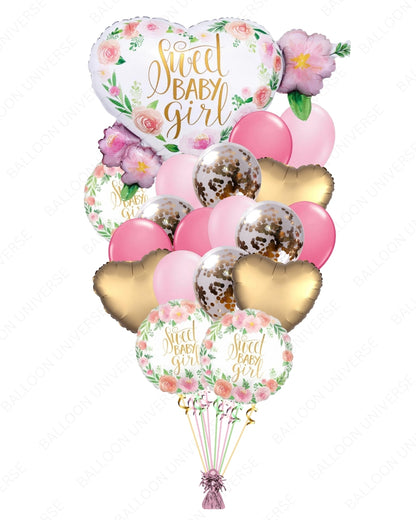 Sweet Baby Girl Balloon Set with Rose Gold Confetti & Gold Hearts