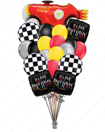Vroom Vroom Birthday Balloons - Big Car Mylar, Checkered Flags & Latex Combo