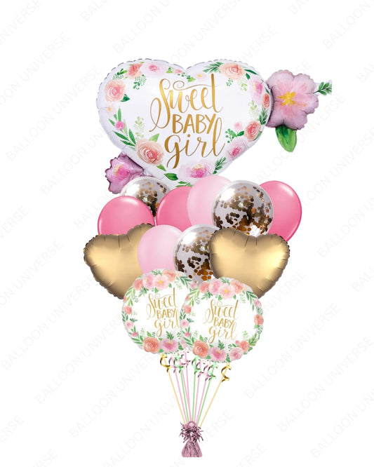 Sweet Baby Girl Balloon Set with Rose Gold Confetti & Gold Hearts