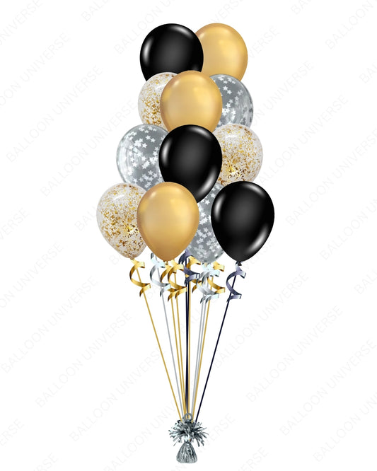 Black & Gold Celebration Balloon Set - Confetti & Star Print Latex