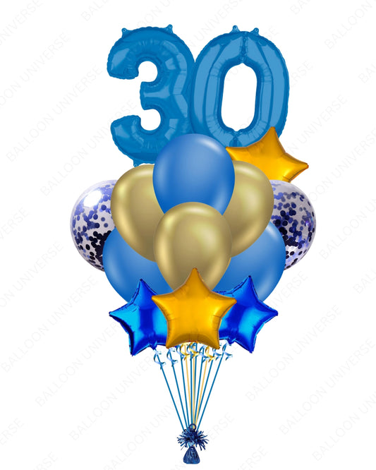 Blue & Gold Balloon Set with Number Mylar & Confetti Latex