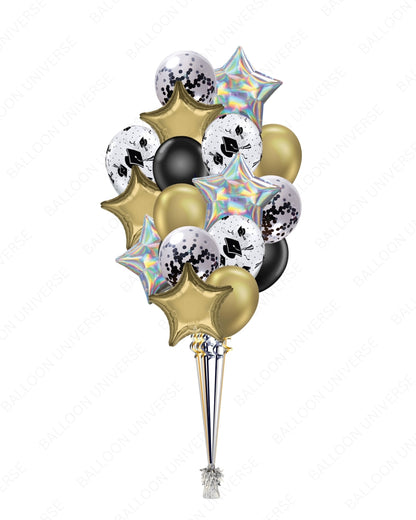 Graduation Balloon Bouquet – Black & Gold with Grad Hat Latex & Confetti