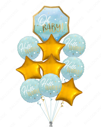 Hello World Baby Shower Blue Balloon Bouquet for Boys