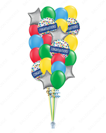 Festive Congratulation Bouquet with Confetti Balloons, Silver Stars & Bright Latex
