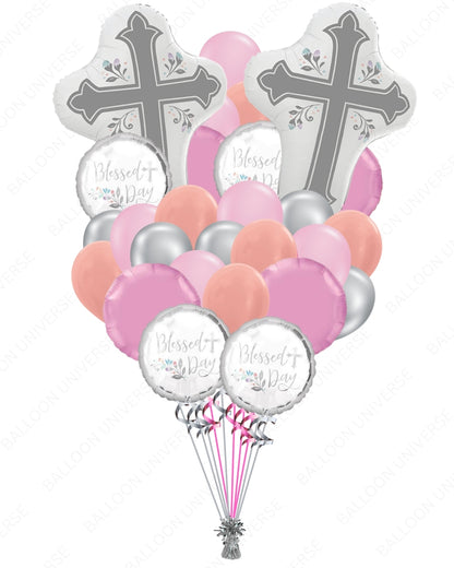 Blessed Day Religious Cross Balloon Set - Pastel Pink, Rose Gold & Silver Balloons
