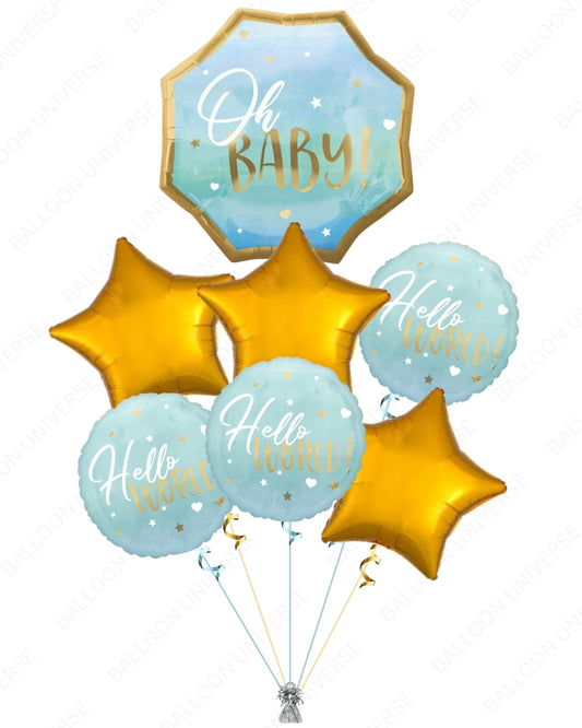 Hello World Baby Shower Blue Balloon Bouquet for Boys