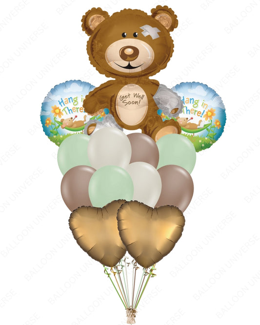36" Get Well Soon Bear Balloon | “Hang in There” Mylar | Gold Heart Mylar & Latex