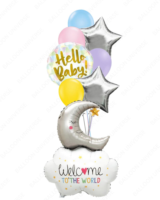 Welcome to the World Balloon Arrangement - Sleepy Moon, Hello Baby & Stars