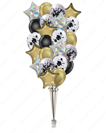 Graduation Balloon Bouquet – Black & Gold with Grad Hat Latex & Confetti