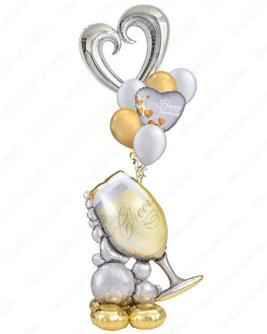 4ft Standing Champagne Glass Airwalker  with Heart Foil & Silver/Gold Latex, Helium Inflation & Ribbon Included for Anniversary