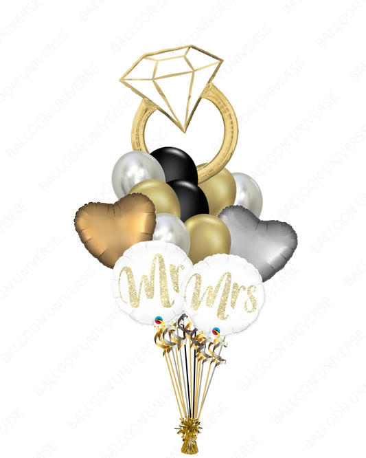 Gold Diamond Wedding Ring Balloon Set with Mr & Mrs Accents