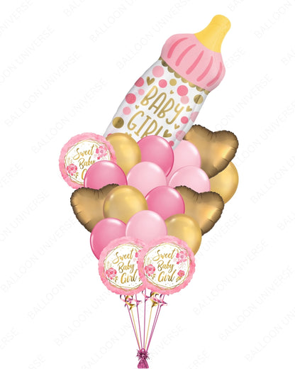 Pink Welcome Baby Bottle Balloon Bouquet / Gold Hearts & Baby Girl Mylar - Baby Shower & Newborn Celebration