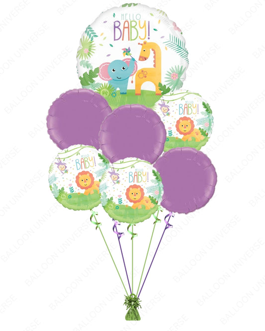 Hello Baby Animal Balloon Bouquet / Large Foil with Purple & Hello Baby Round Balloons - Baby Shower & Newborn Celebration