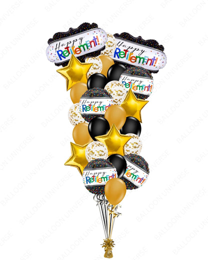 Happy Retirement Balloon Bouquet | Black, Gold & Confetti Balloons