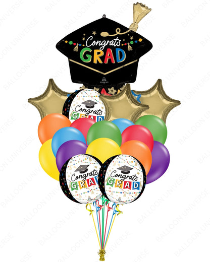 “Congrats Grad” SuperShape Balloon Bouquet with Round & Star Mylar , Rainbow Latex, Gold Stars - Helium Inflation