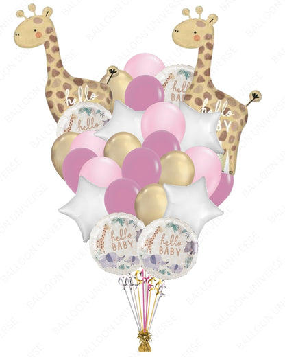 Baby Girl Safari Balloon Set with Giraffe - Baby Shower Decoration