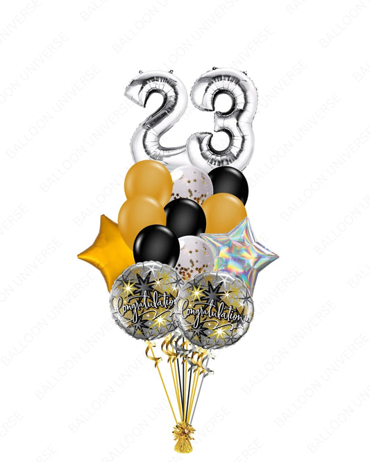 Custom Silver Number/Stars/Confetti & Congratulations Balloon Bouquet