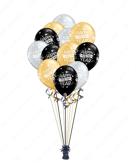 A Dozen Happy New Year Balloons in Black, Silver & Gold