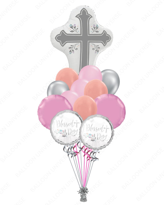 Blessed Day Religious Cross Balloon Set - Pastel Pink, Rose Gold & Silver Balloons