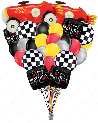 Vroom Vroom Birthday Balloons - Big Car Mylar, Checkered Flags & Latex Combo